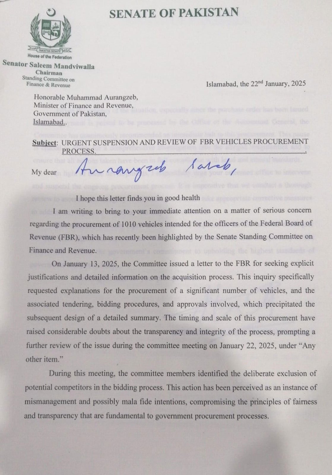 Senator Mandviwallas Letter to Finance Minister Muhammad Aurangzeb. - Postpone