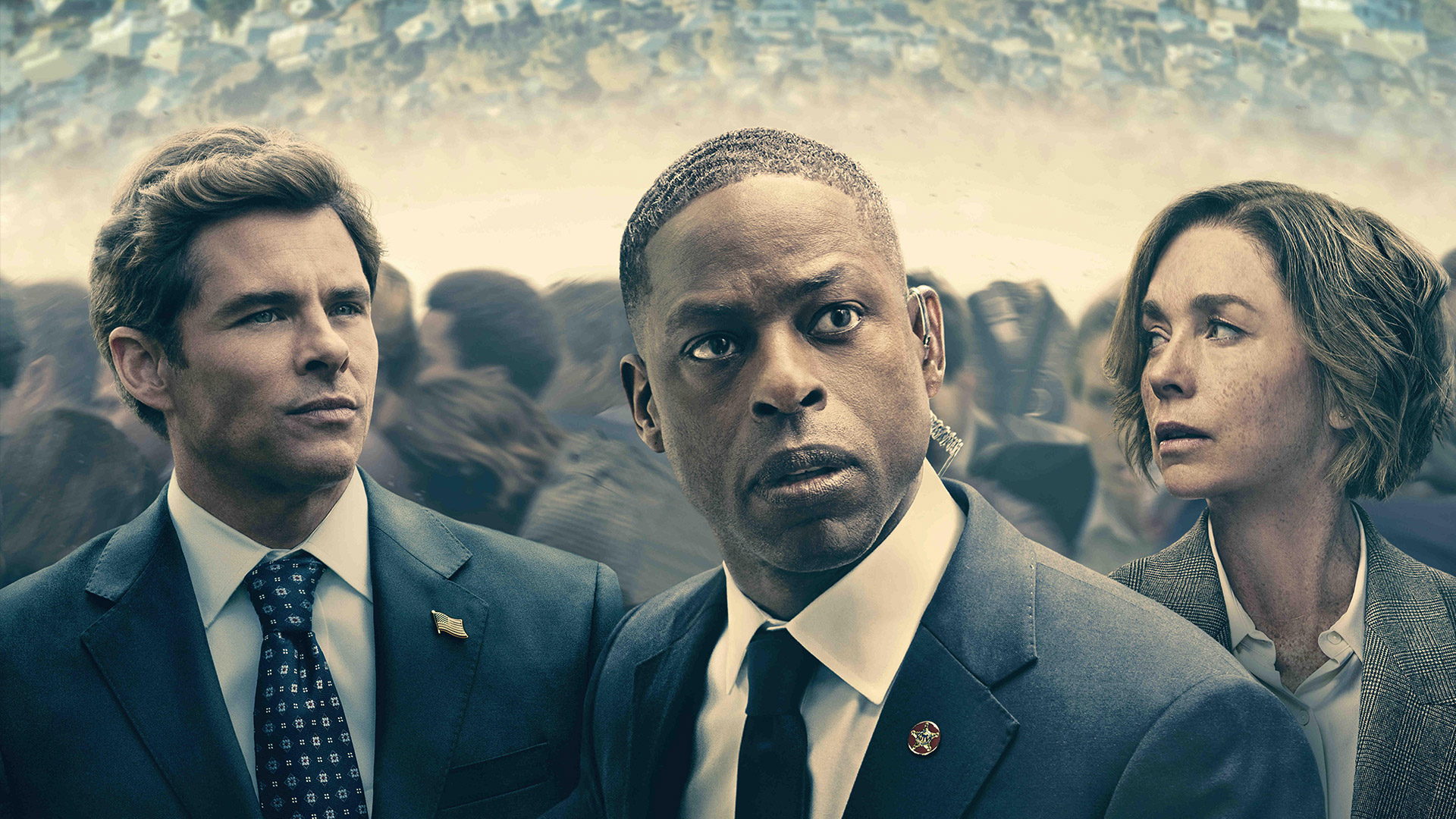 James Marsden, Sterling K Brown and Julianne Nicholson in the poster for the TV series Paradise