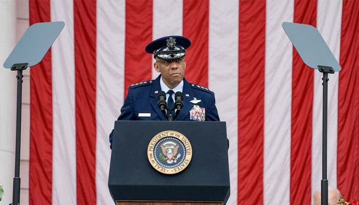 The American president of joint staff chiefs, General Charles Q Brown, speaks during the annual commemorative day at the National Cemetery of Arlington in Arlington, Virginia, United States, May 27, 2024.-Reuters