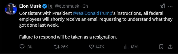Musk orders federal employees to justify their jobs or to face a dismissal