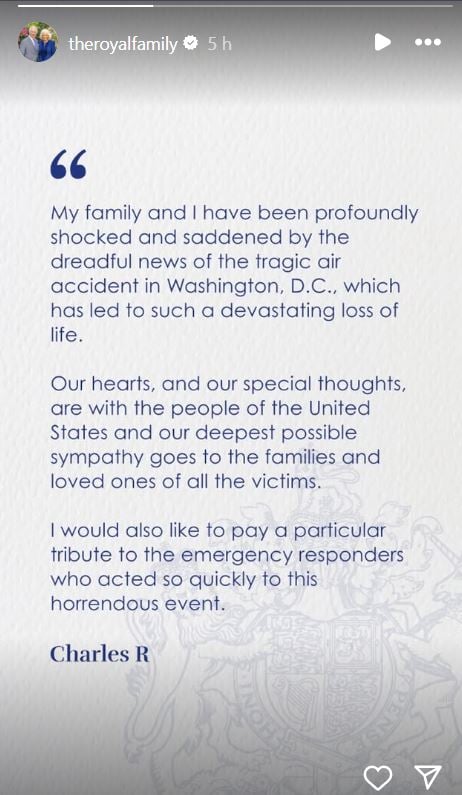 King Charles was saddened by the terrible DC plane crash