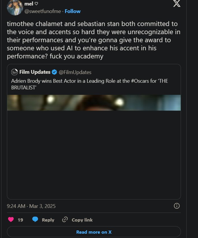 Oscar viewers angry with Adrien Brodys Best Actor Win
