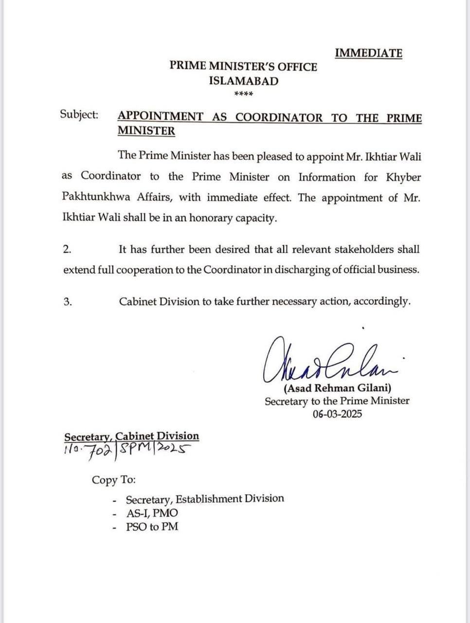 Ikhtiar Wali appointed PM coordinator on KP affairs information