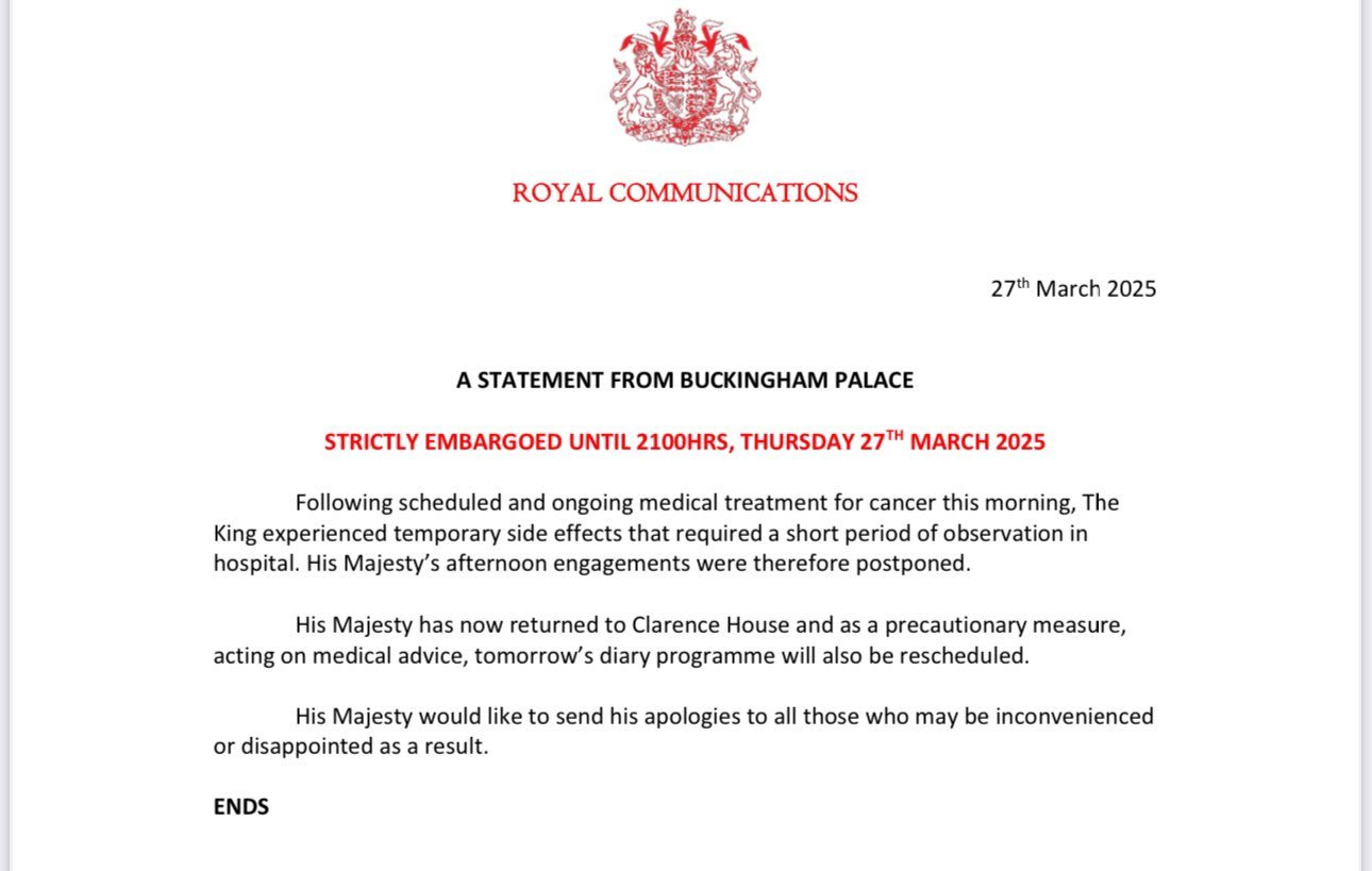 Buckingham Palace gives an update to King Charles due to the side effects of chemo