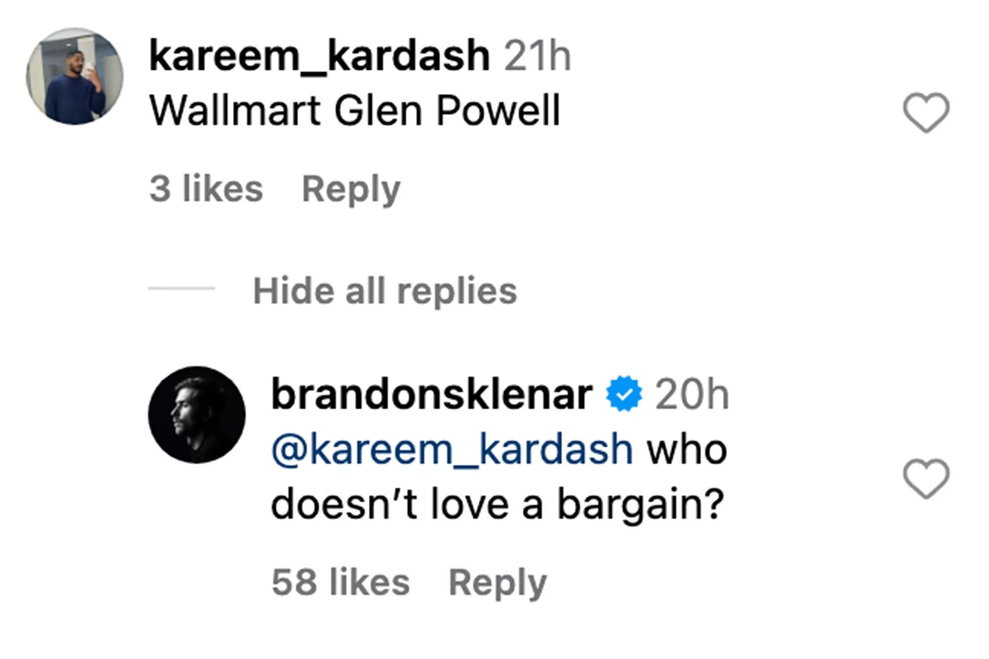 Brandon Sklenar is accompanied by Wallmart Glen Powell Note