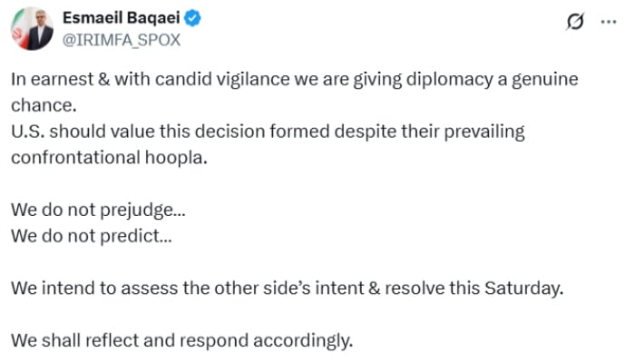 The Iranian spokesperson for the Ministles of Foreign Affairs published on X, April 11, 2025. - X / @ Irimfa_Spox