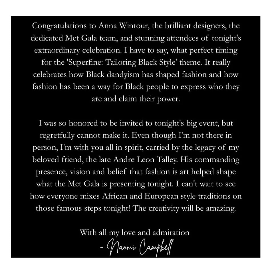 Naomi Campbell breaks silence on the Met Gala Ban