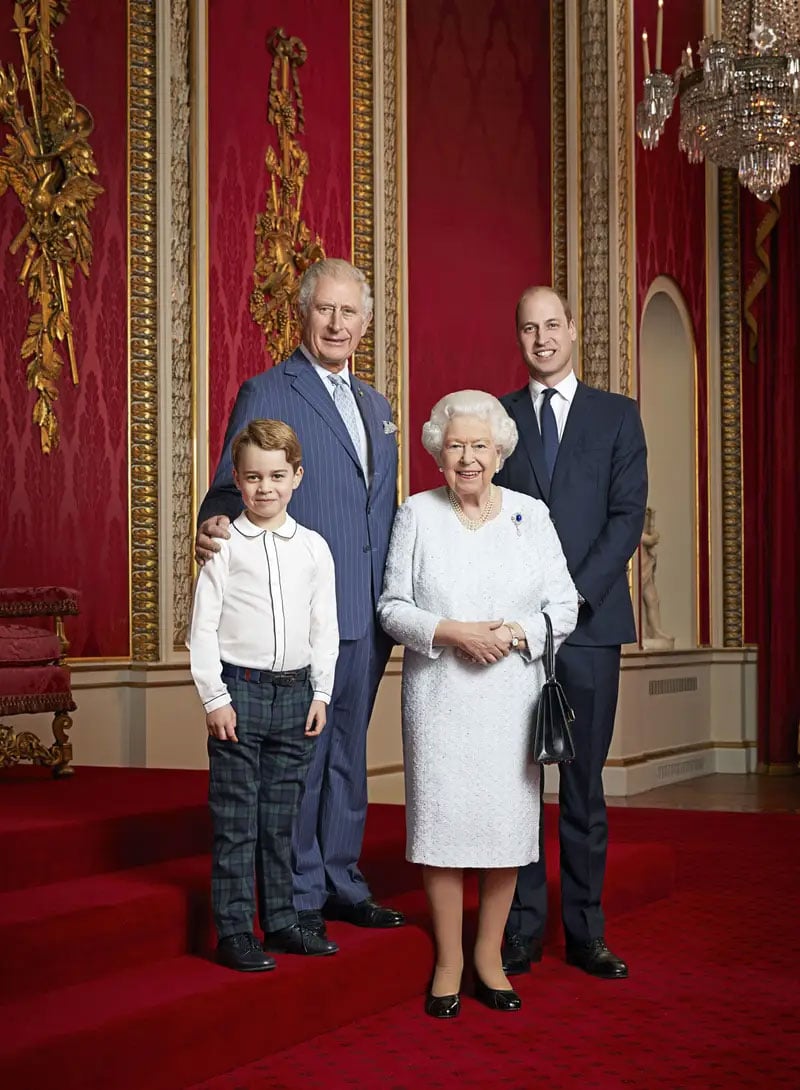 Queen Elizabeth, then Prince Charles, Prince William and Prince George