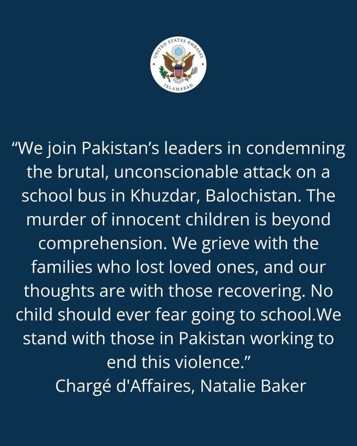 We condemn the bombing of school bus from Khuzdar as inadmissible