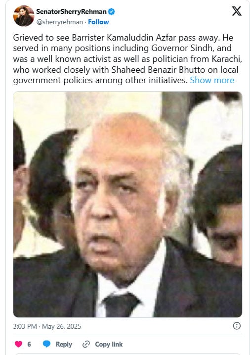 The former Sindh governor, Kamal Azfar, died at 95