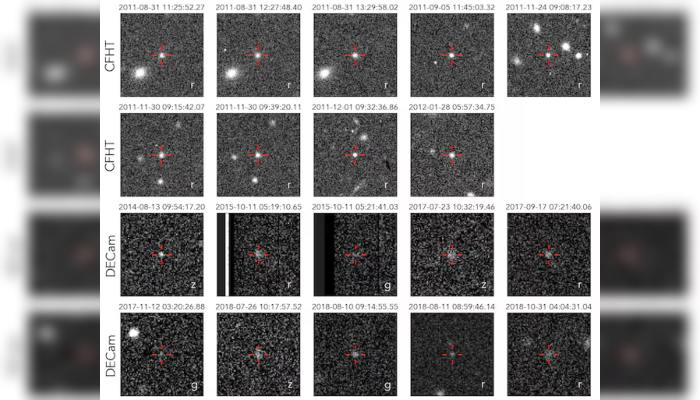 Images cut out from the 19 detections of the newly identified trans-en-neptunian object named 2017 of 2017 of 2017 are visible, the Telescope of Canada France Hawaii (CFHT) and the black energy camera (Decam) on the 4-meter Victor M. Blanco telescope, released by the Institute for an advanced study in Princeton, New Jersey, May 22, 2025.