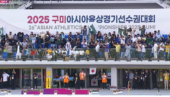 Pakistani fans are going up for Arshad Nadeem instead of the 26th Asia Athletics Cha, Pionship 2025 final on May 31, 2025. - PK Press Club News