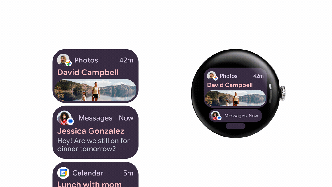 A GIF showing Wear OS 6 and the new style of pimples that develop as they fill the watch screen more
