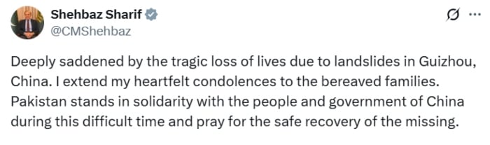The PM Shehbaz Sharif offers condolences to China following landslides in the province of Guizhou, in a press release on the social media platform X, May 23, 2025. - X / @ cmshehbaz