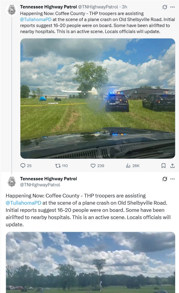 Parachuting plan with 20 accidents on board Tennessee