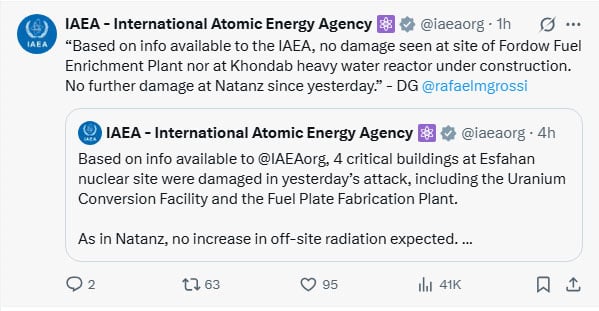 IAEA does not confirm any damage to the nuclear sites of the Fordo and Khondab of Iran