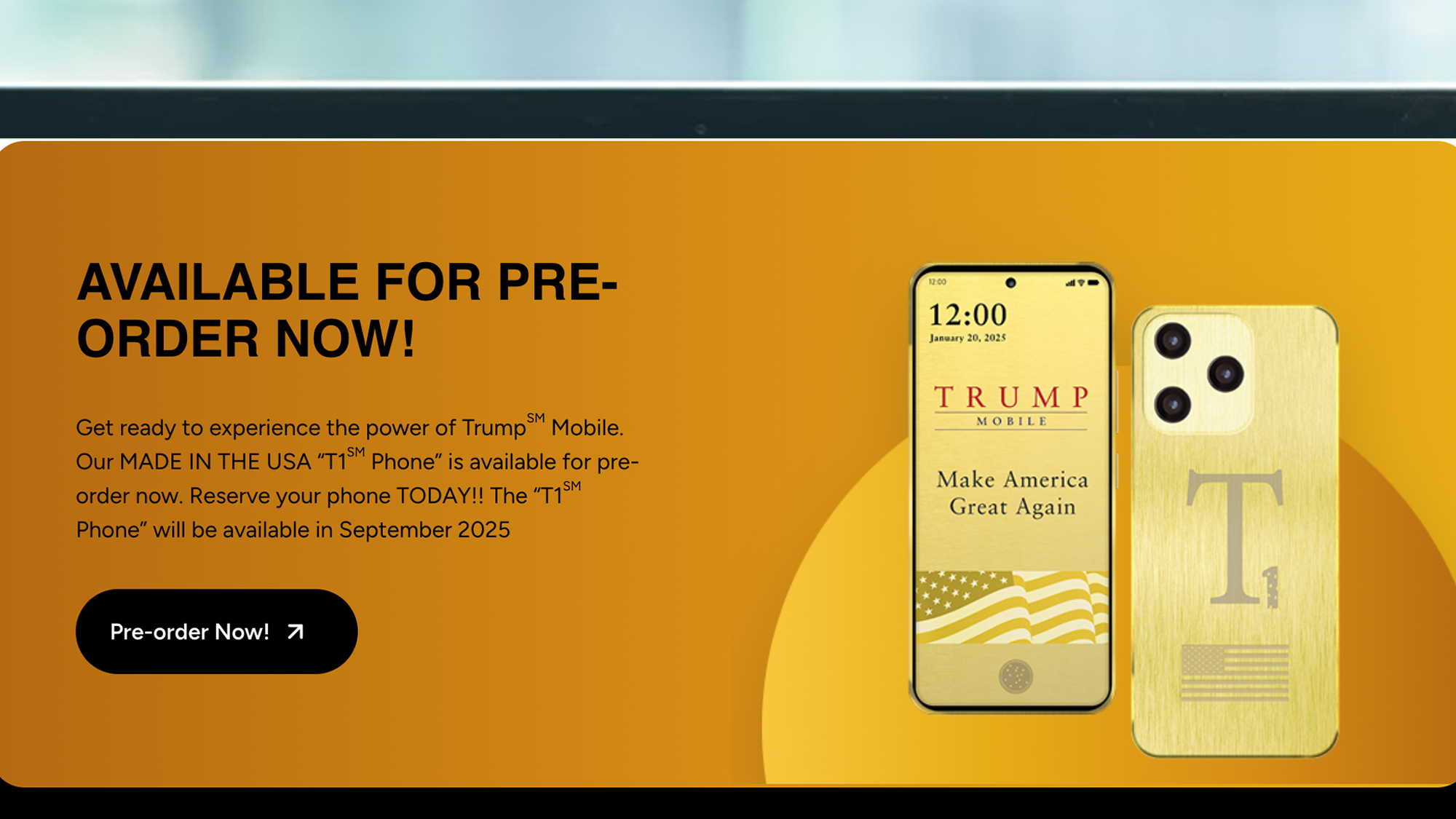 A laptop screen showing the pre -order page for the Trump Mobile T1