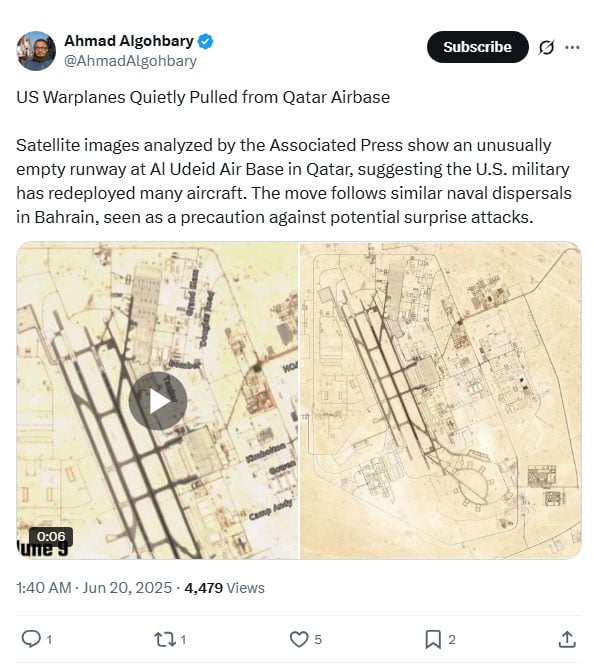 Satellite images show mass aircraft rooted from the American base in Qatar