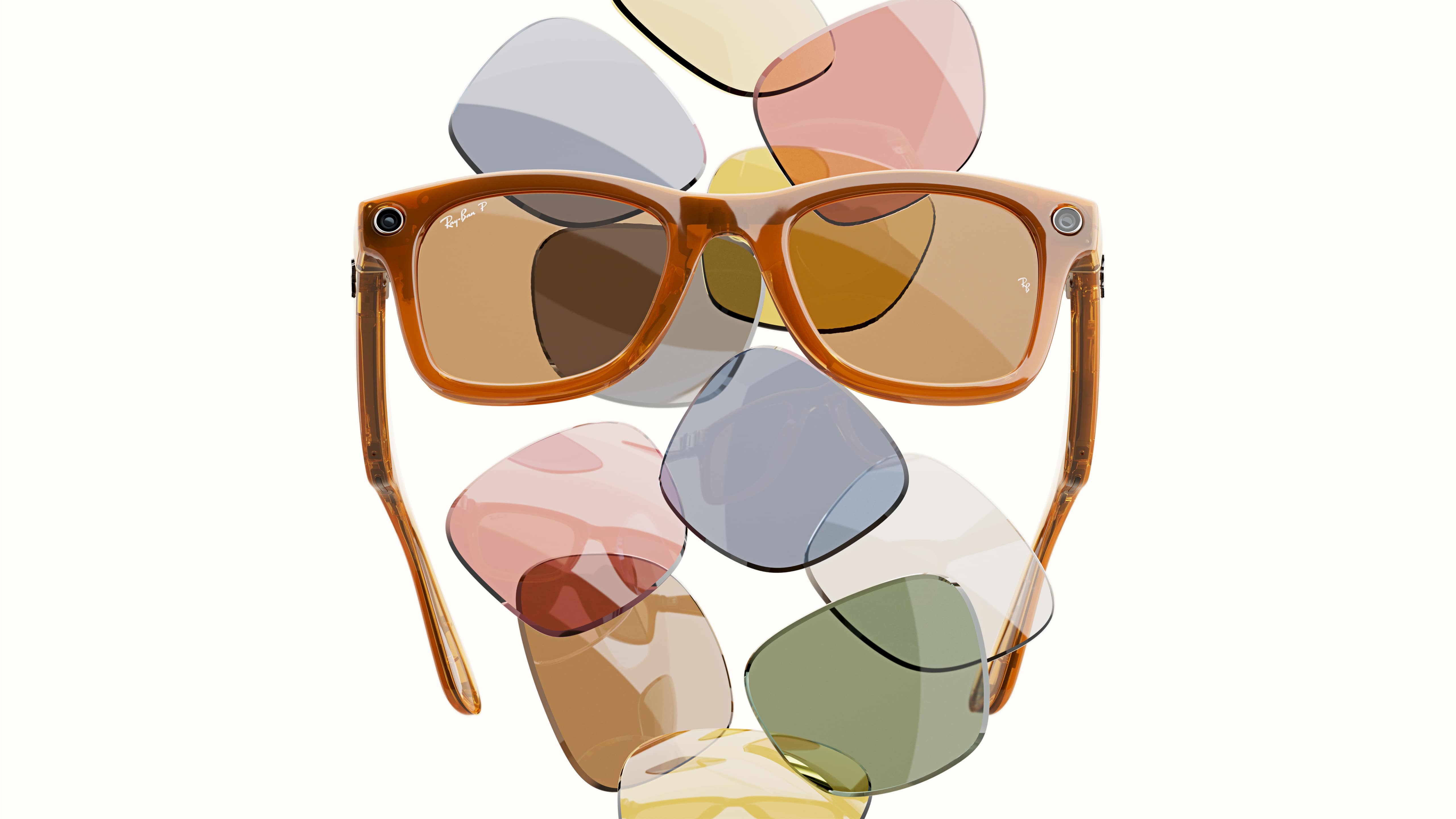 Intelligent generations of orange meta rayban in front of a wall of colored lenses, especially green, blue, yellow and pink