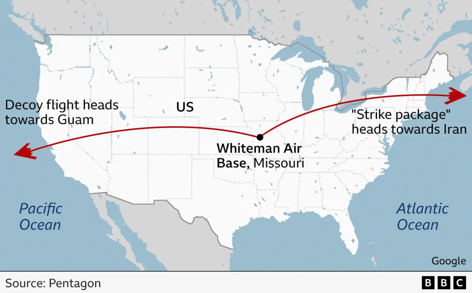 Map of lure and real B-2 bombers, published by the Pentagon, as indicated by the BBC.