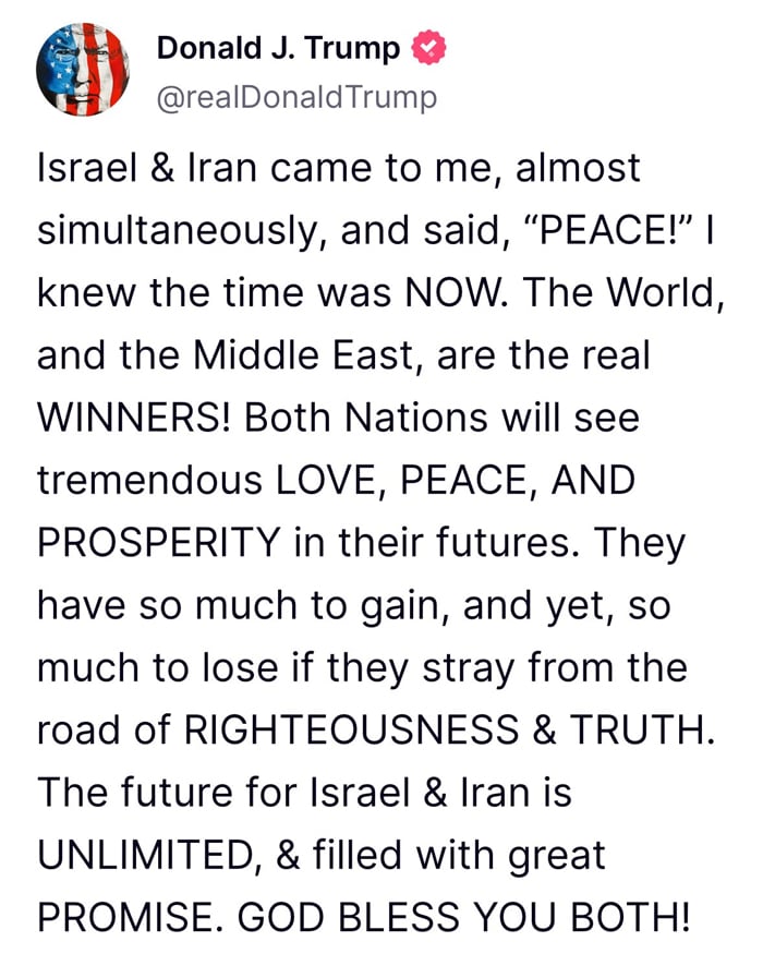 Israel and Iran agree on the ceasefire to end the 12-day war, says Trump