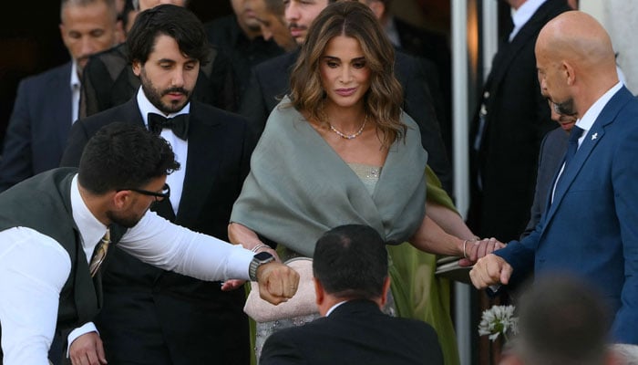 Jordans Queen Rania leaves the St Regis hotel on the Wedding Day of the founder of Amazon Jeff Bezos with Lauren Sanchez, in Venice on June 27, 2025. - AFP
