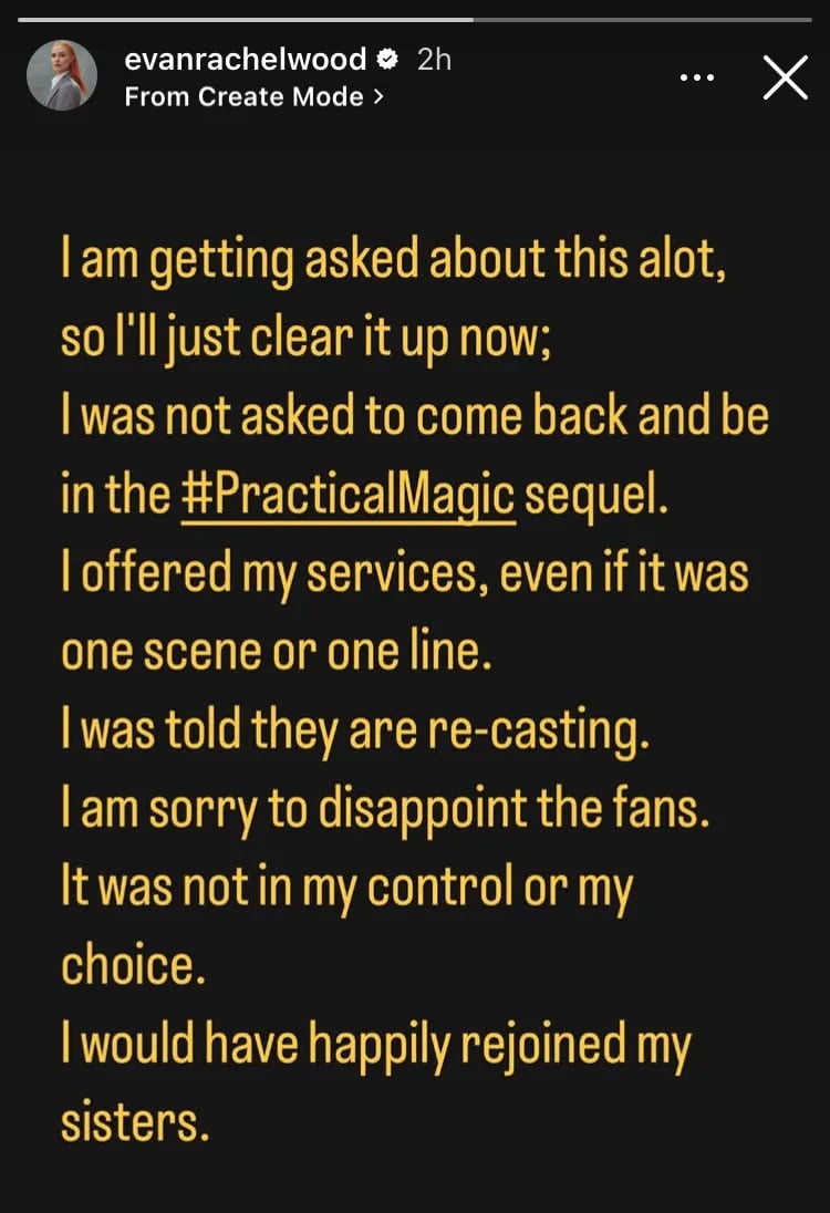 Evan Rachel Wood breaks silence on practical magic 2 Snub