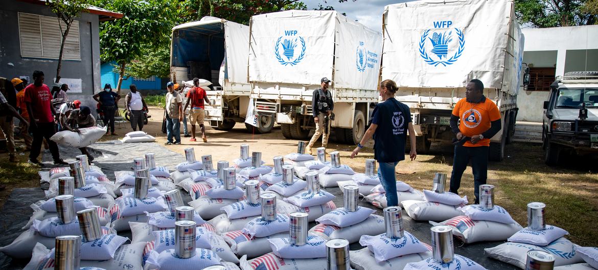 Food aid in the United States is prepared for delivery following floods in Haiti in 2022. Food aid in the United States is prepared for delivery following floods in Haiti in 2022.