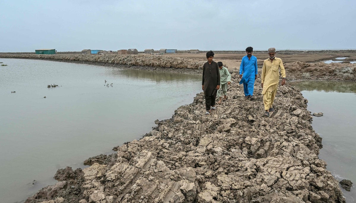 Fisherman Haji Karam Jat (right) walks along an embankment in the city of Keti Bandar of the Ththta District near the Inda Delta on June 25, 2025. - AFP