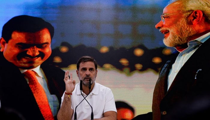 Includes Rahul Gandhi Escures at a press conference on the Indian billionaire Gautam Adani being charged by us. Prosecutors for its alleged role in a program to bribe Indian officials, at the headquarters of the parties in New Delhi, India, November 21, 2024. - Reuters
