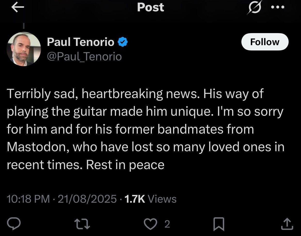 Fans react to the co-founder of Mastodon Brent Hinds Tragic Death