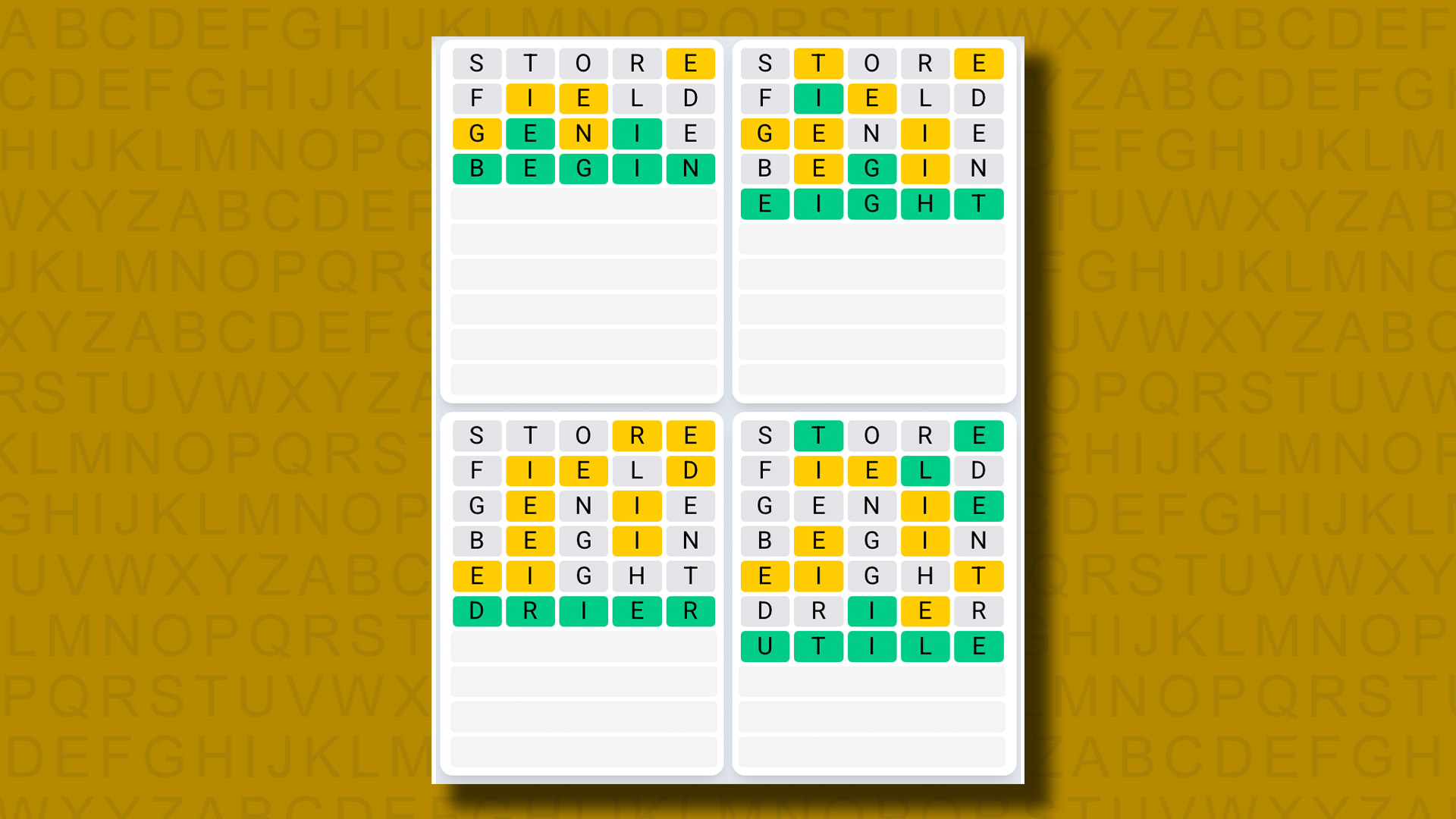 Quordle Daily Sequence Answers for the game 1311 on a yellow background