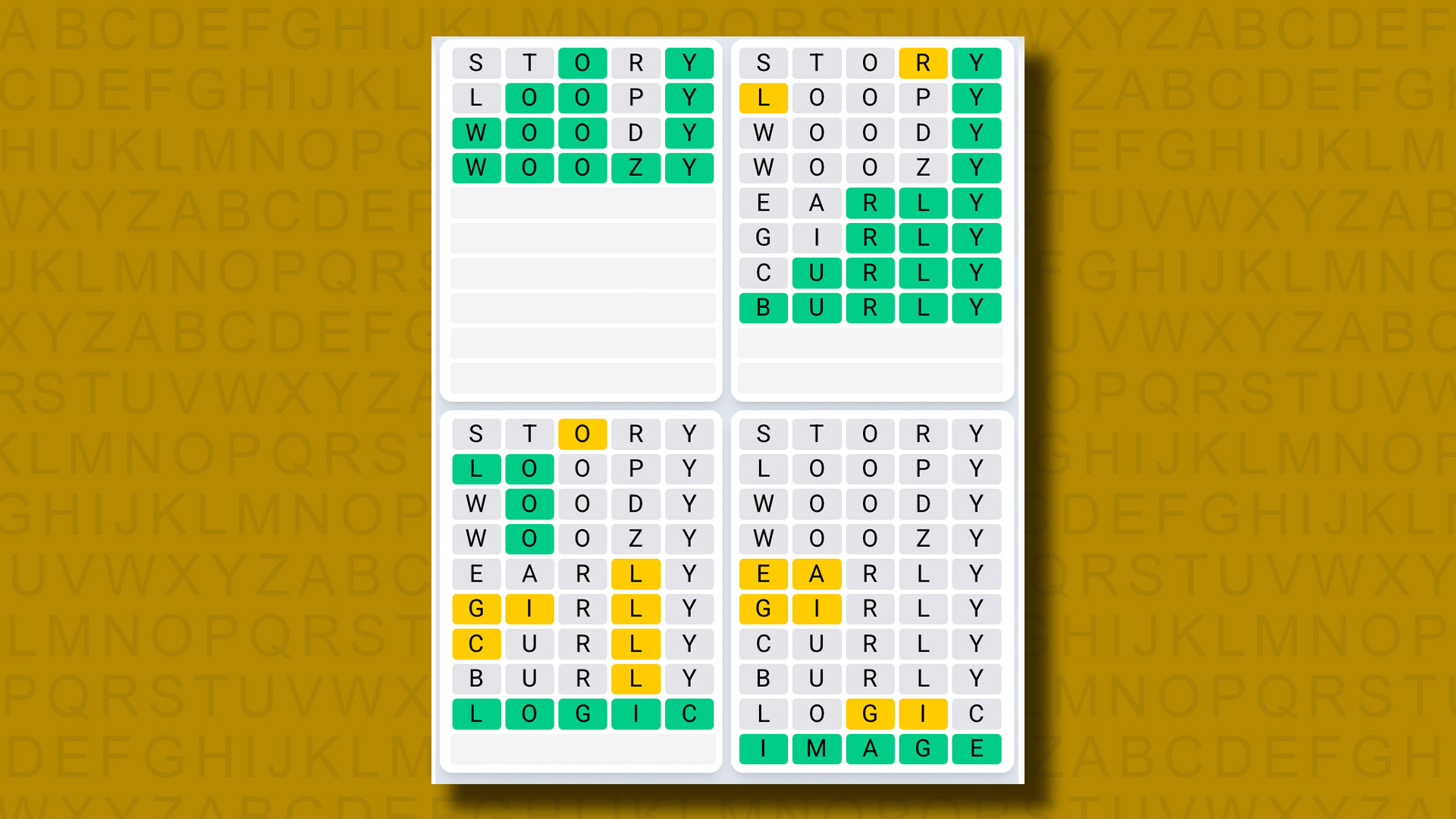 Quordle Daily Sequence Answers for the game 1312 on a yellow background