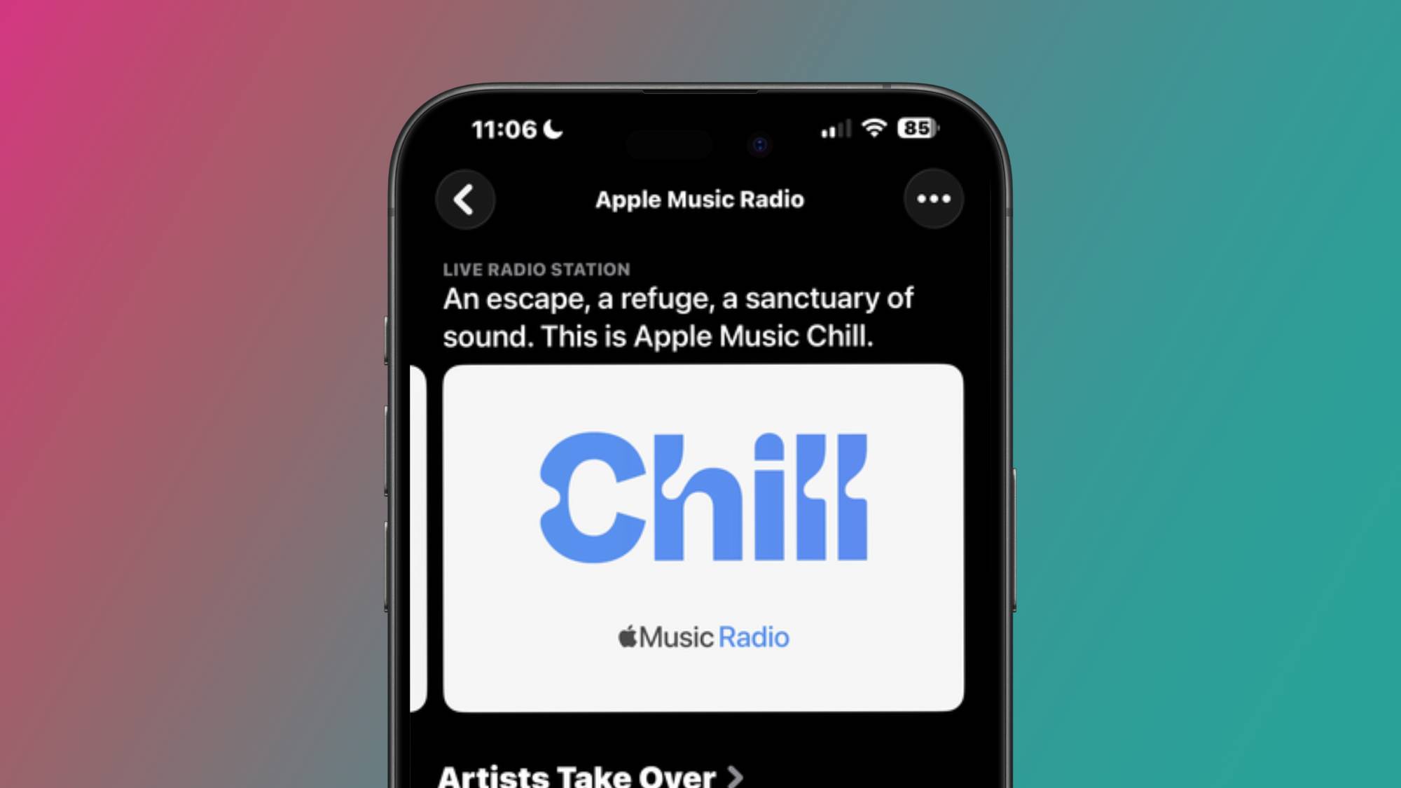 A screenshot of the Apple Music Chill radio station in the Apple Music application