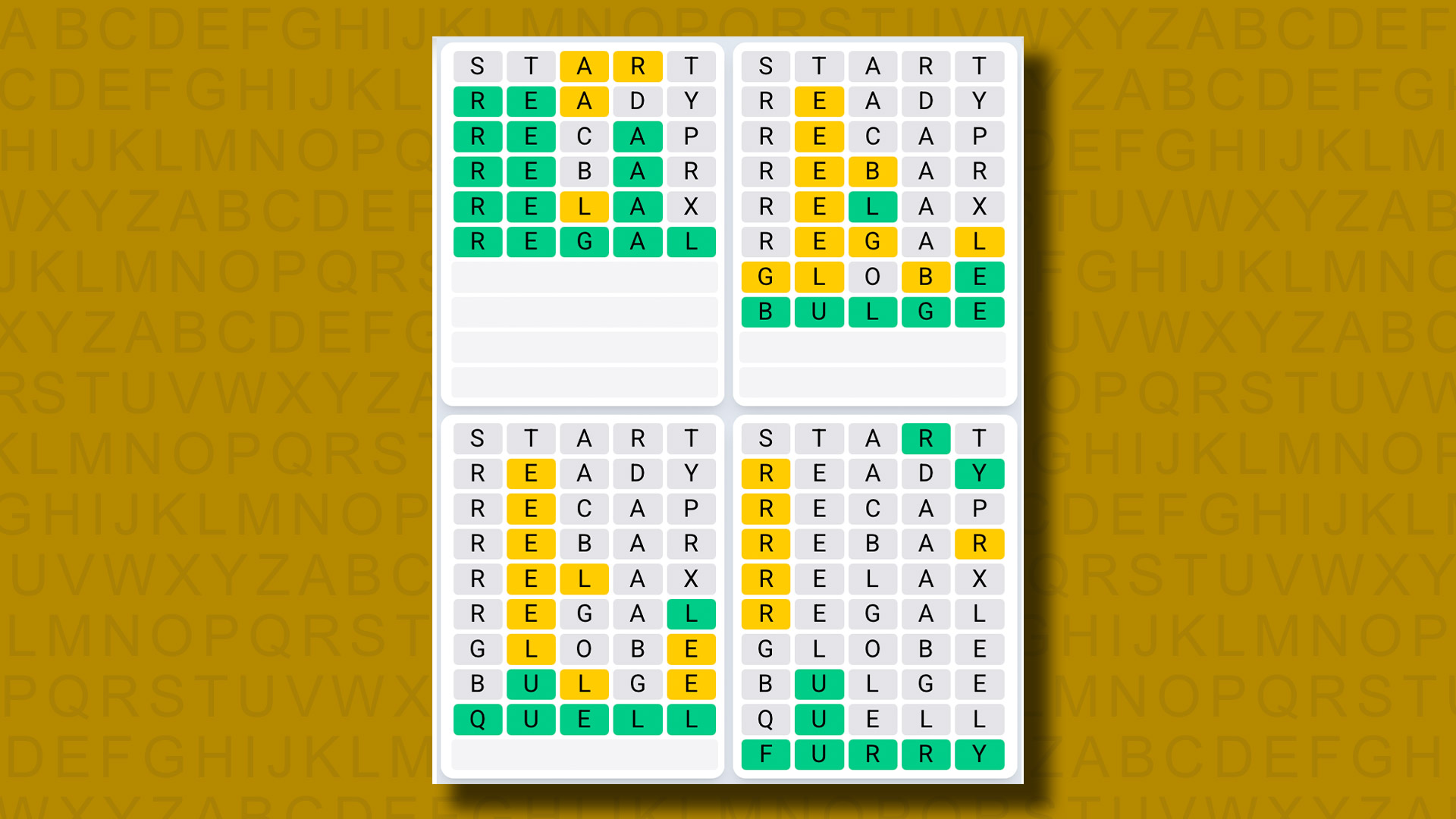 Quordle Daily Sequence Answers for the game 1313 on a yellow background