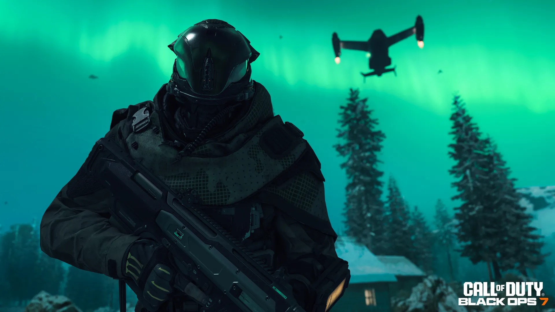 A soldier in a futuristic helmet walks against a background of a green sky filled with Aurora
