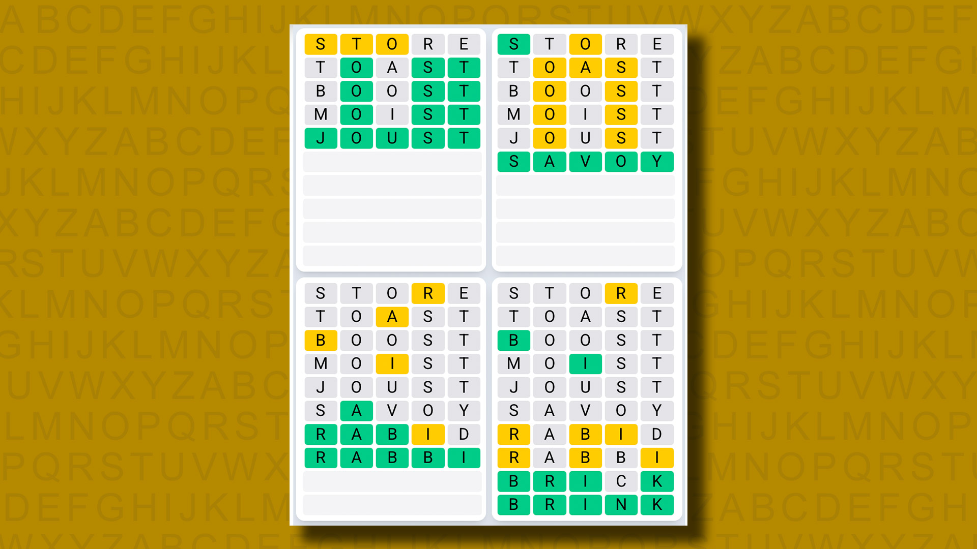 Quordle Daily Sequence Answers for the game 1315 on a yellow background