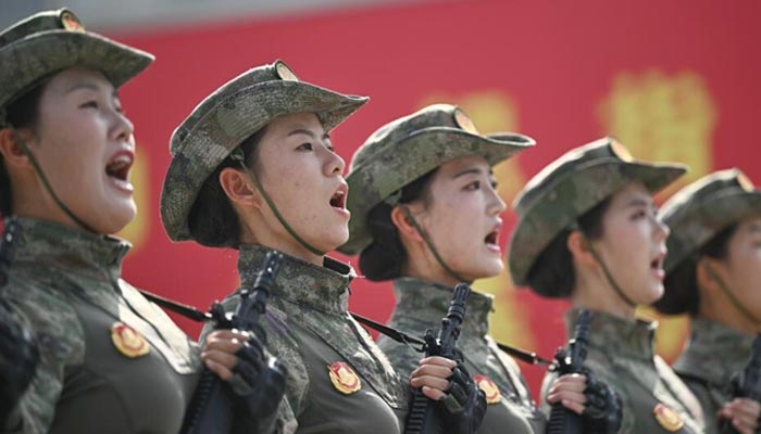 Chinese military staff participate in a rehearsal before a parade commemorating the 80th anniversary of victory over Japan, which will be held on September 3 in Beijing. - AFP / File