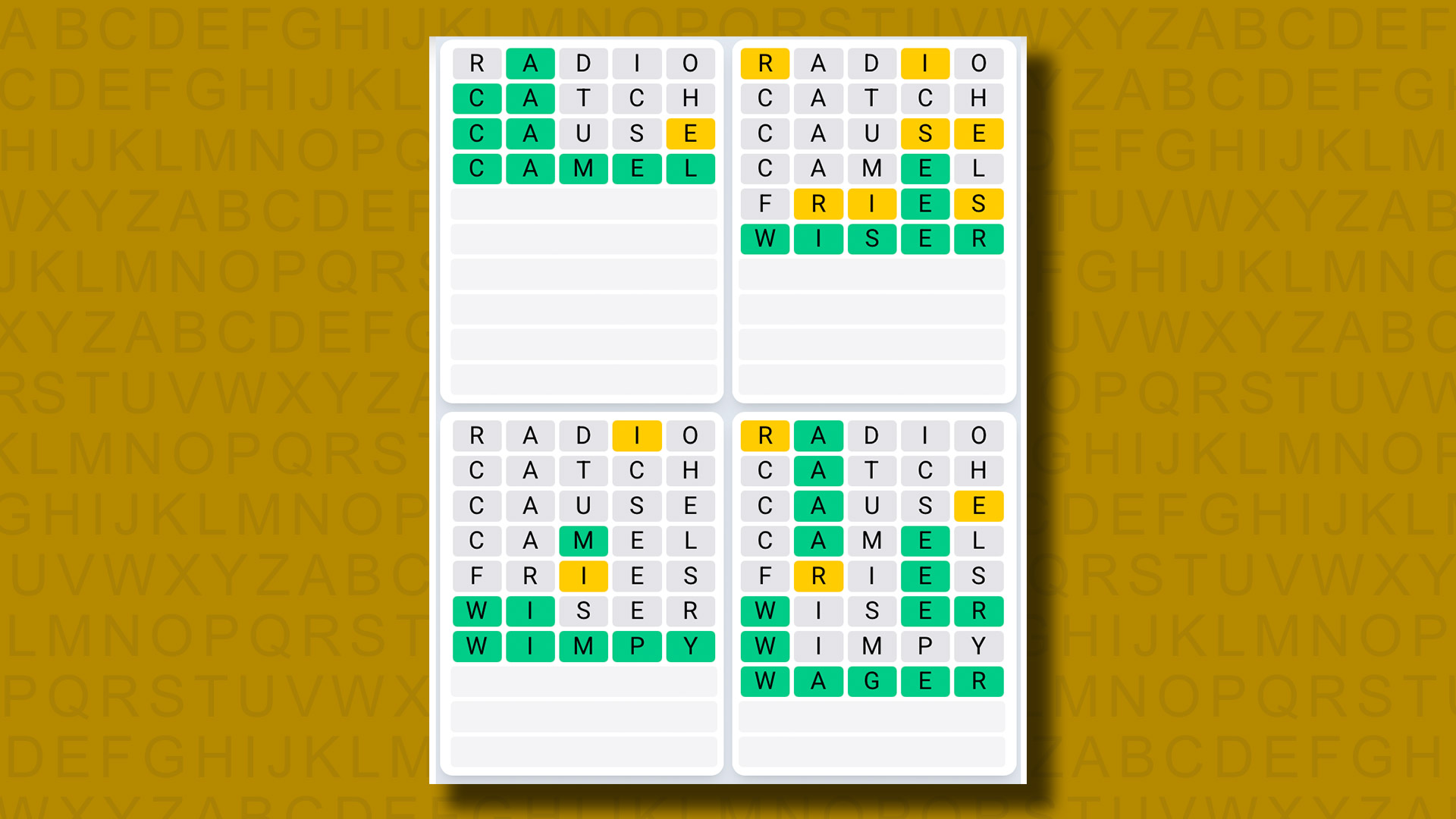 Quordle Daily Sequence Answers for the game 1317 on a yellow background