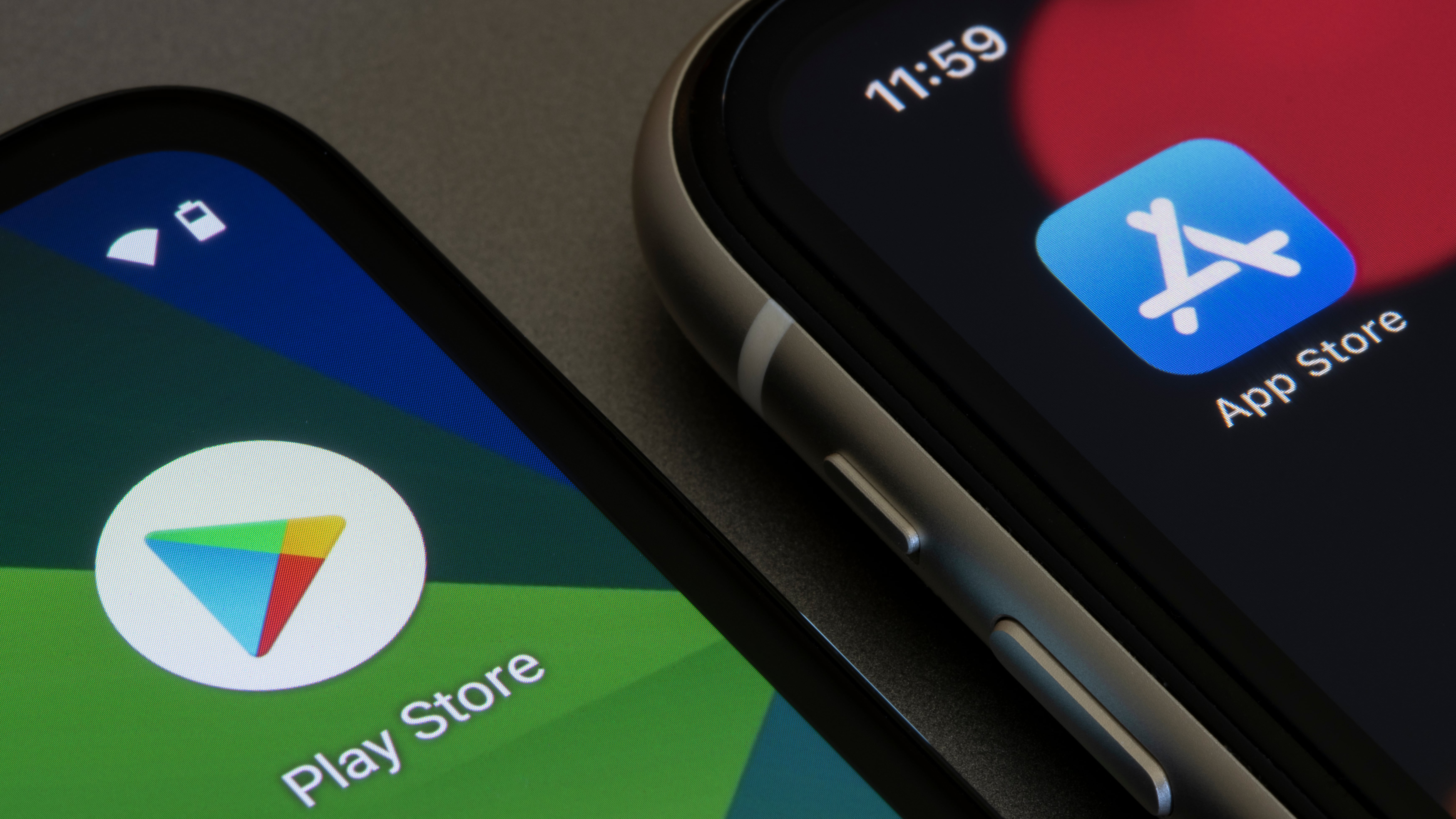 Logos for the App Store and Google Play Store side by side
