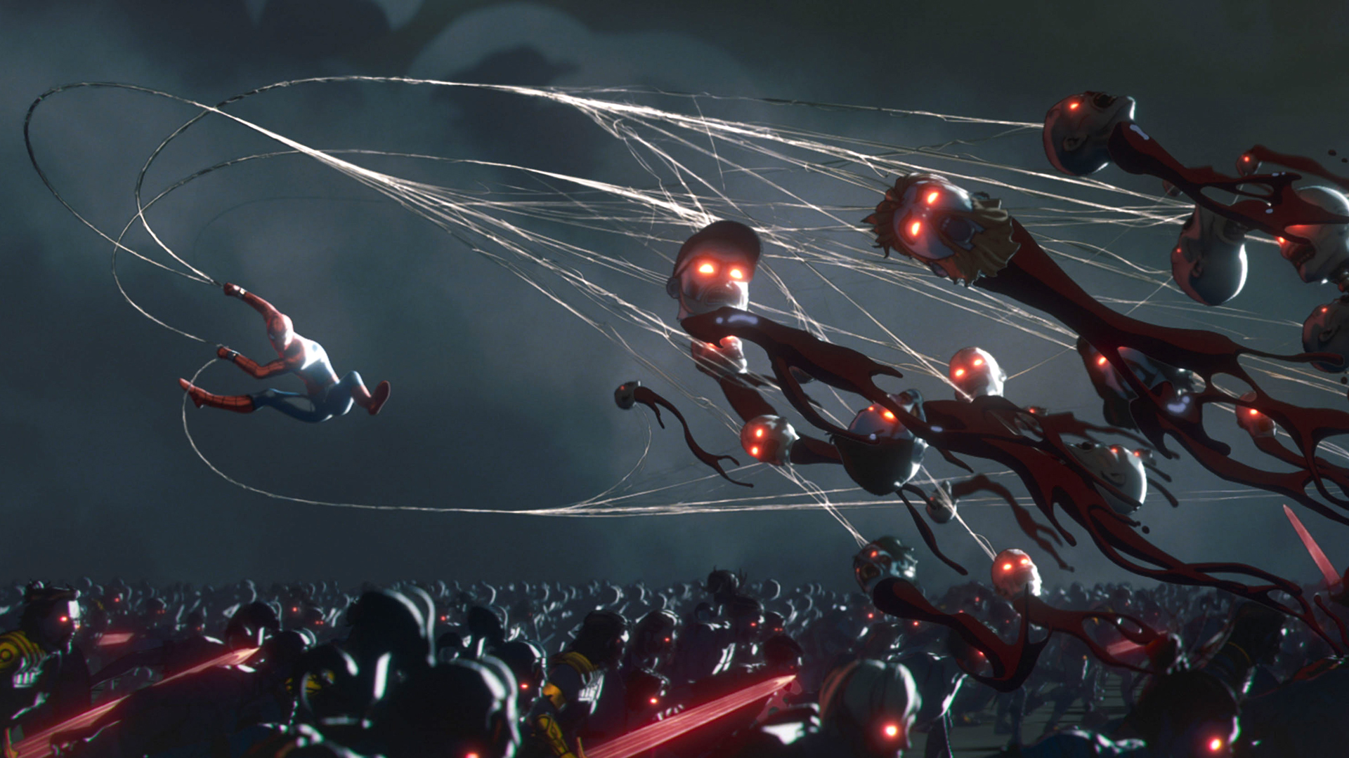 Spider-man beating zombies using his paintings in the Marvel zombies