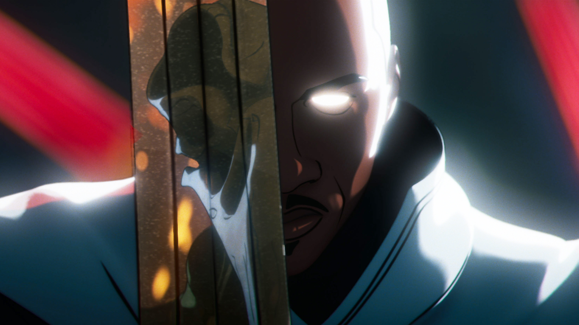 Blade Knight holding her sword on her face with Khonshu's reflection in the Marvel zombies