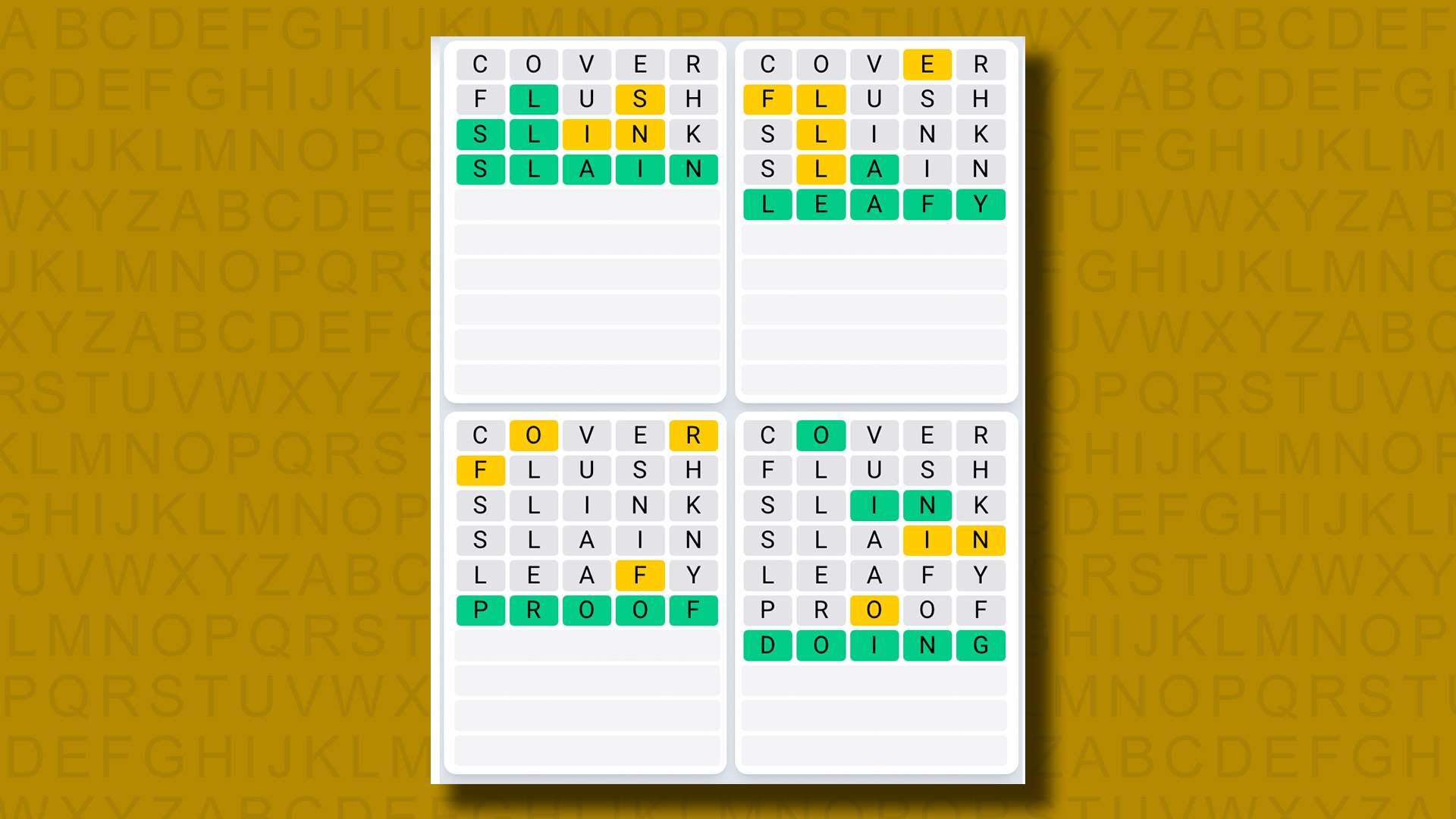 Quordle Daily Sequence Answers for the game 1319 on a yellow background