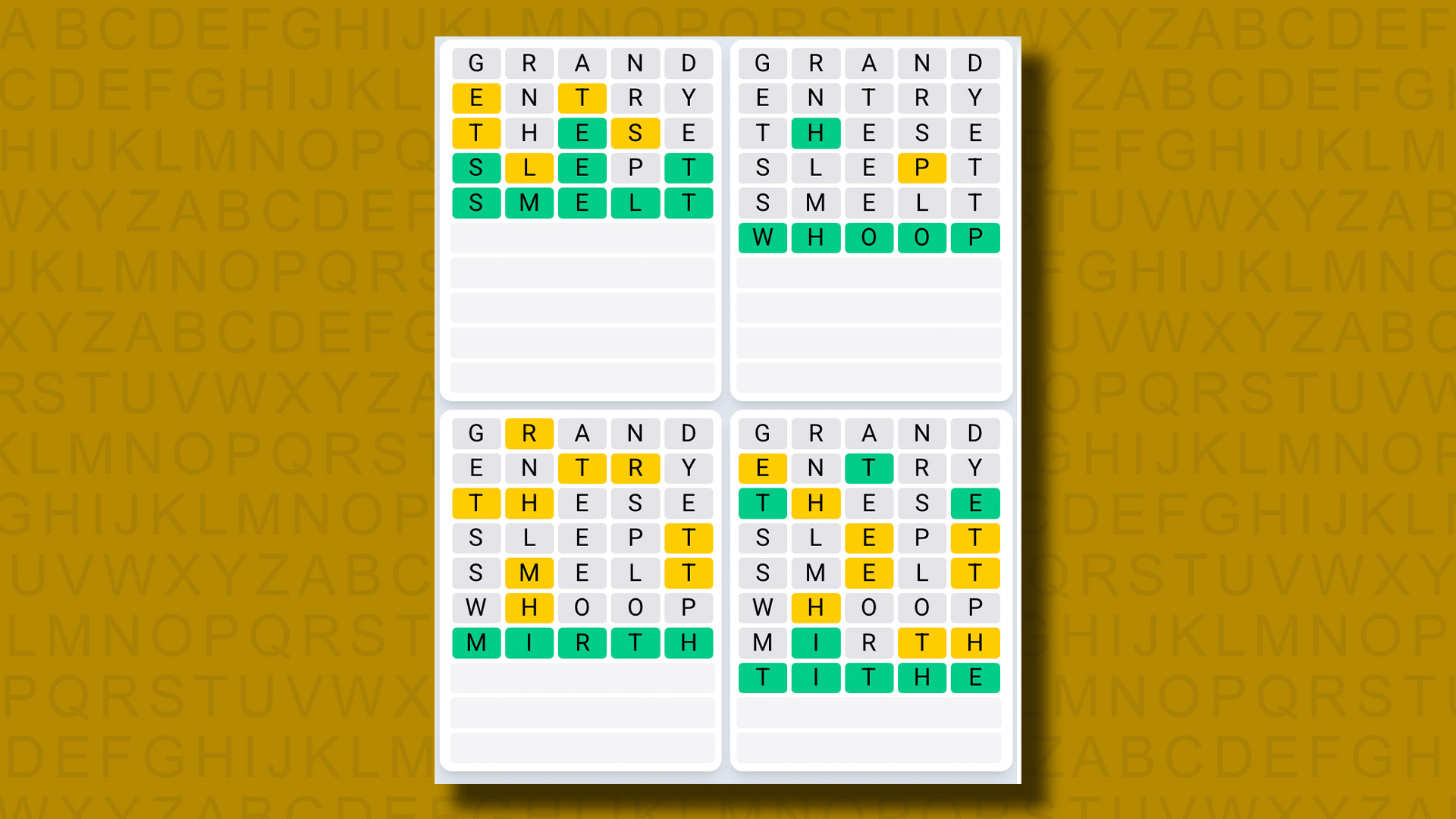 Quordle Daily Sequence Answers for the game 1321 on a yellow background