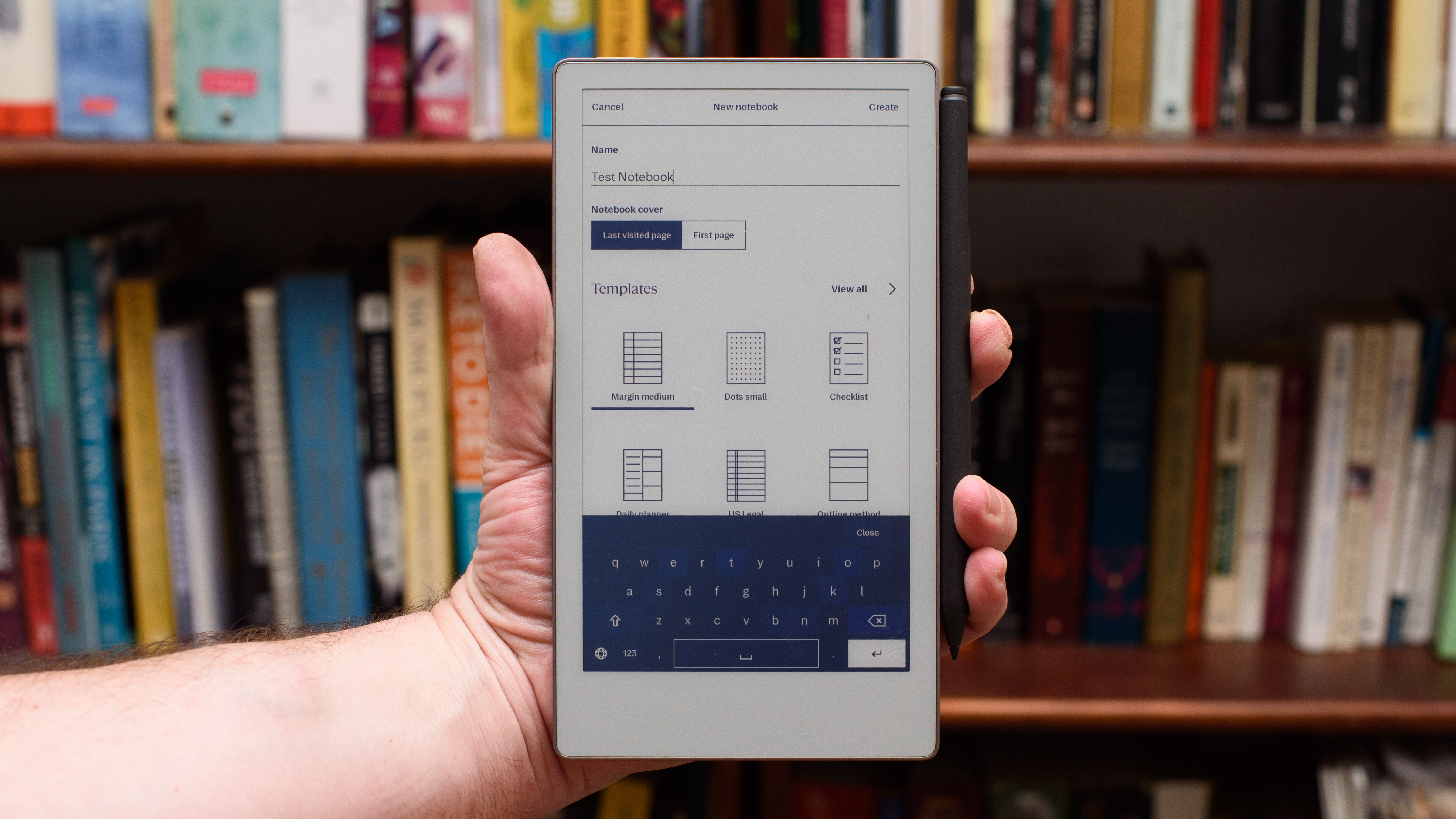 Note Paper Pro Move Tablet in front of a library of books, showing various writing screens and comparing the size to a Moleskine notebook
