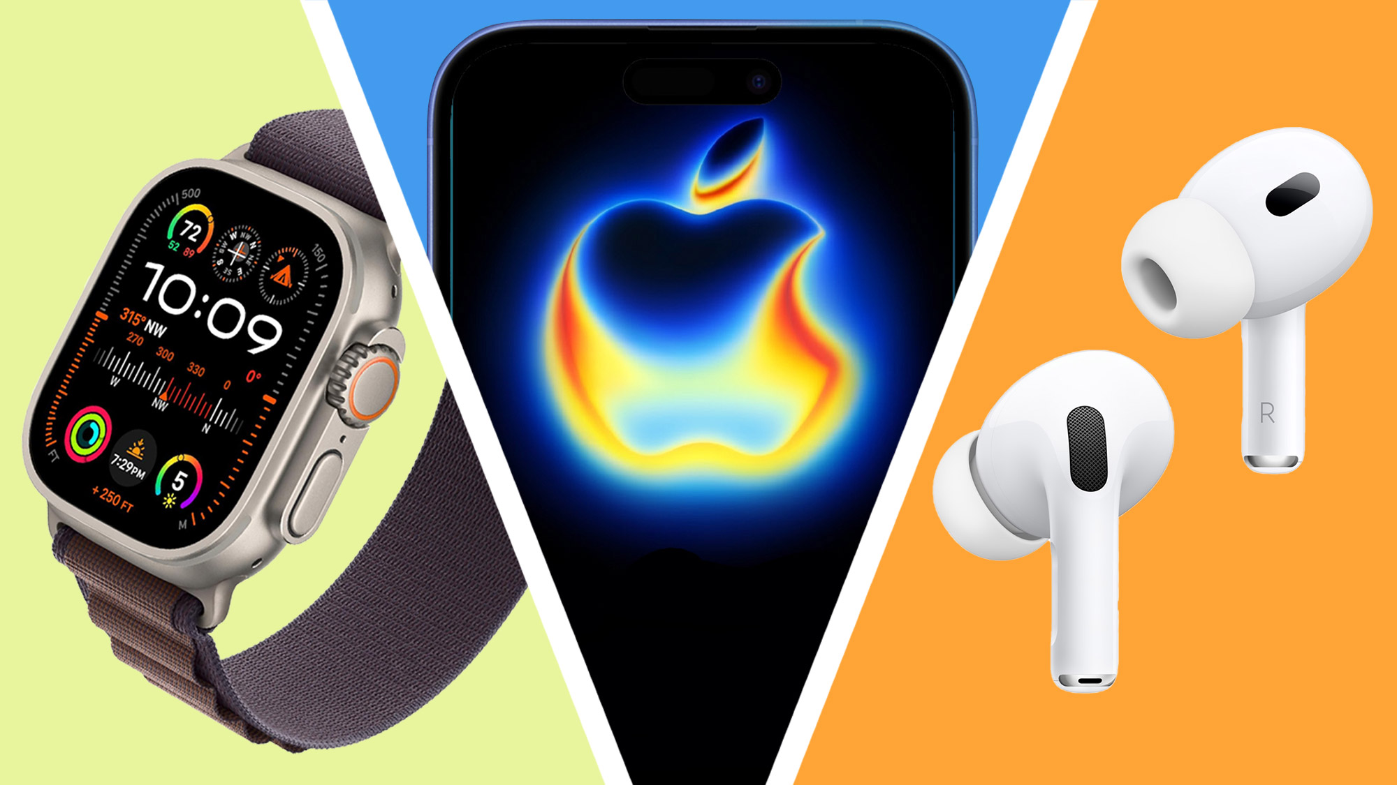 Apple Watch Ultra 2 on a green background, Apple iPhone 17 Pro Max displaying the Apple September 2025 event on its screen, on a blue background, and Apple AirPods Pro 2 on an orange background