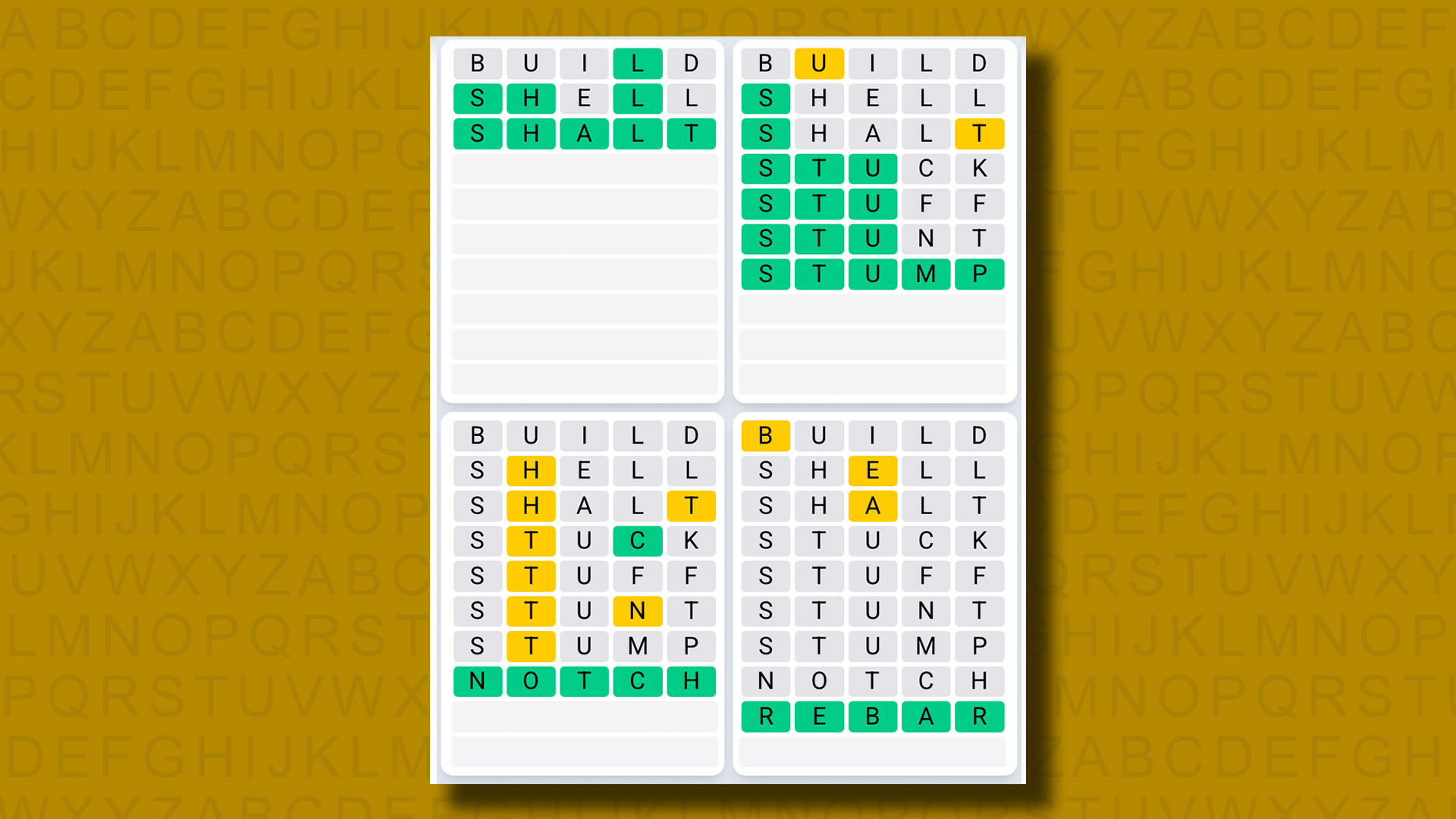 Quordle Daily Sequence Answers for the game 1322 on a yellow background