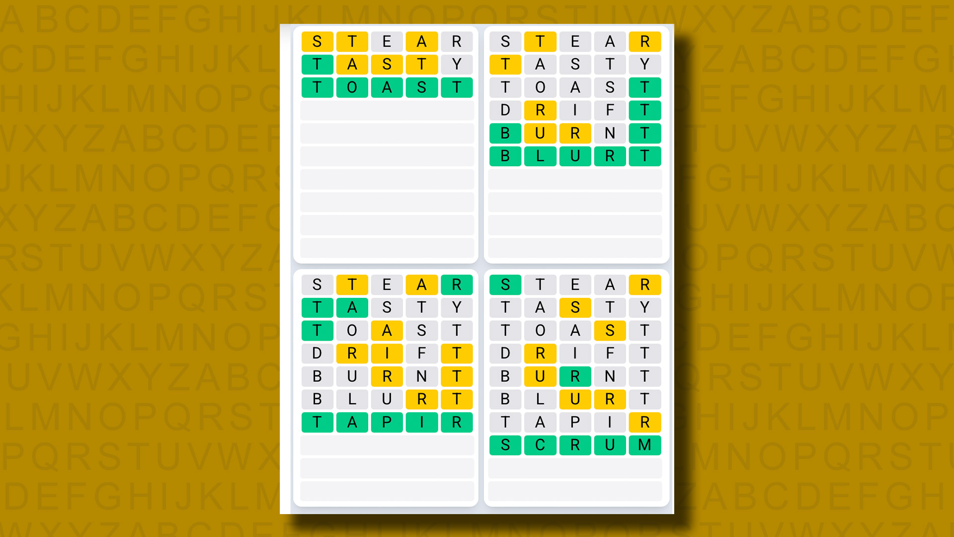 Quordle Daily Sequence Answers for the game 1323 on a yellow background