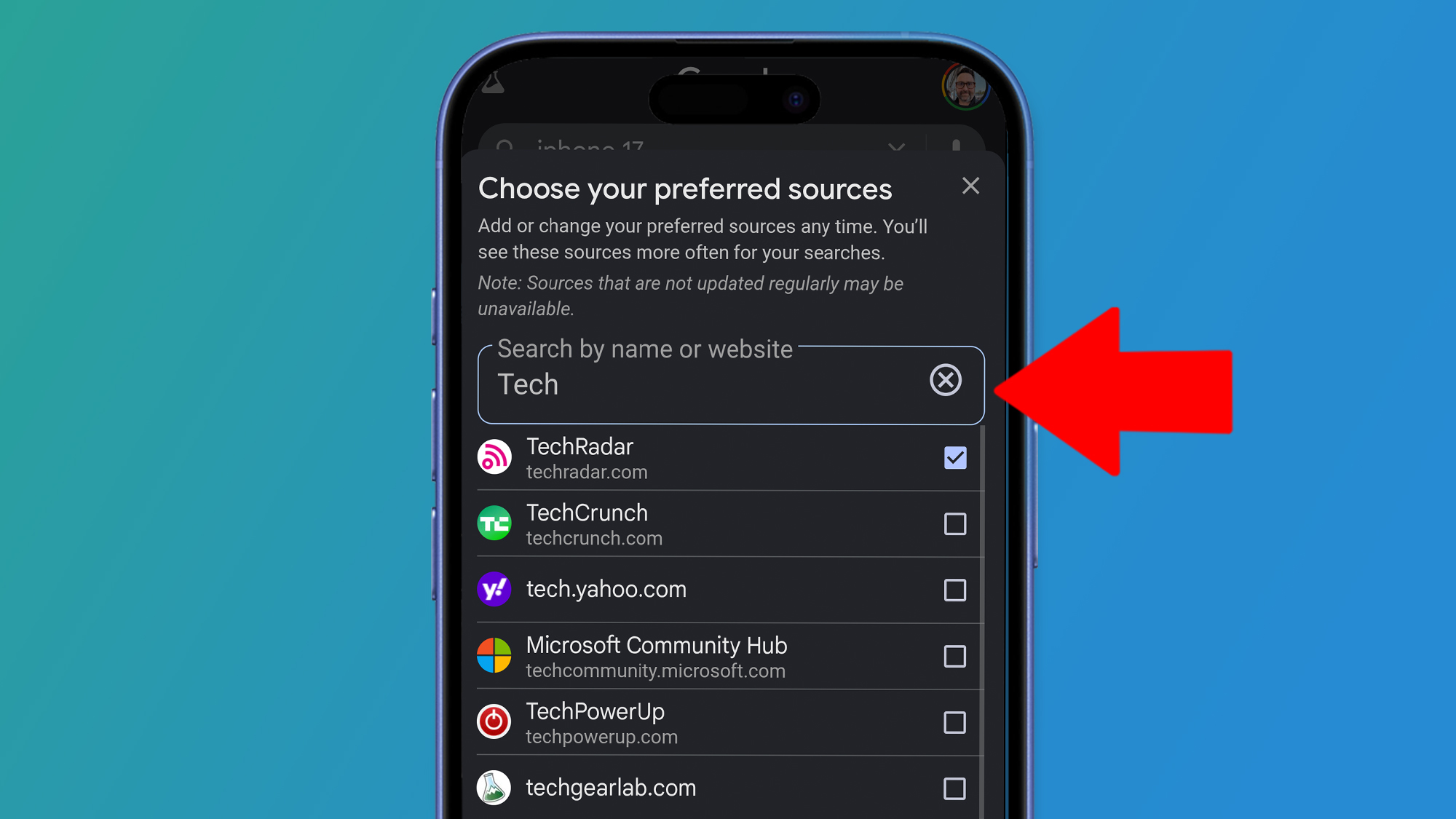 A phone on a blue background showing how to choose websites as favorite sources in the best stories of Google