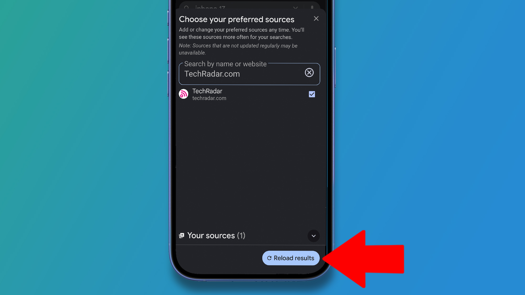 A phone on a blue background showing how to choose websites as favorite sources in the best stories of Google